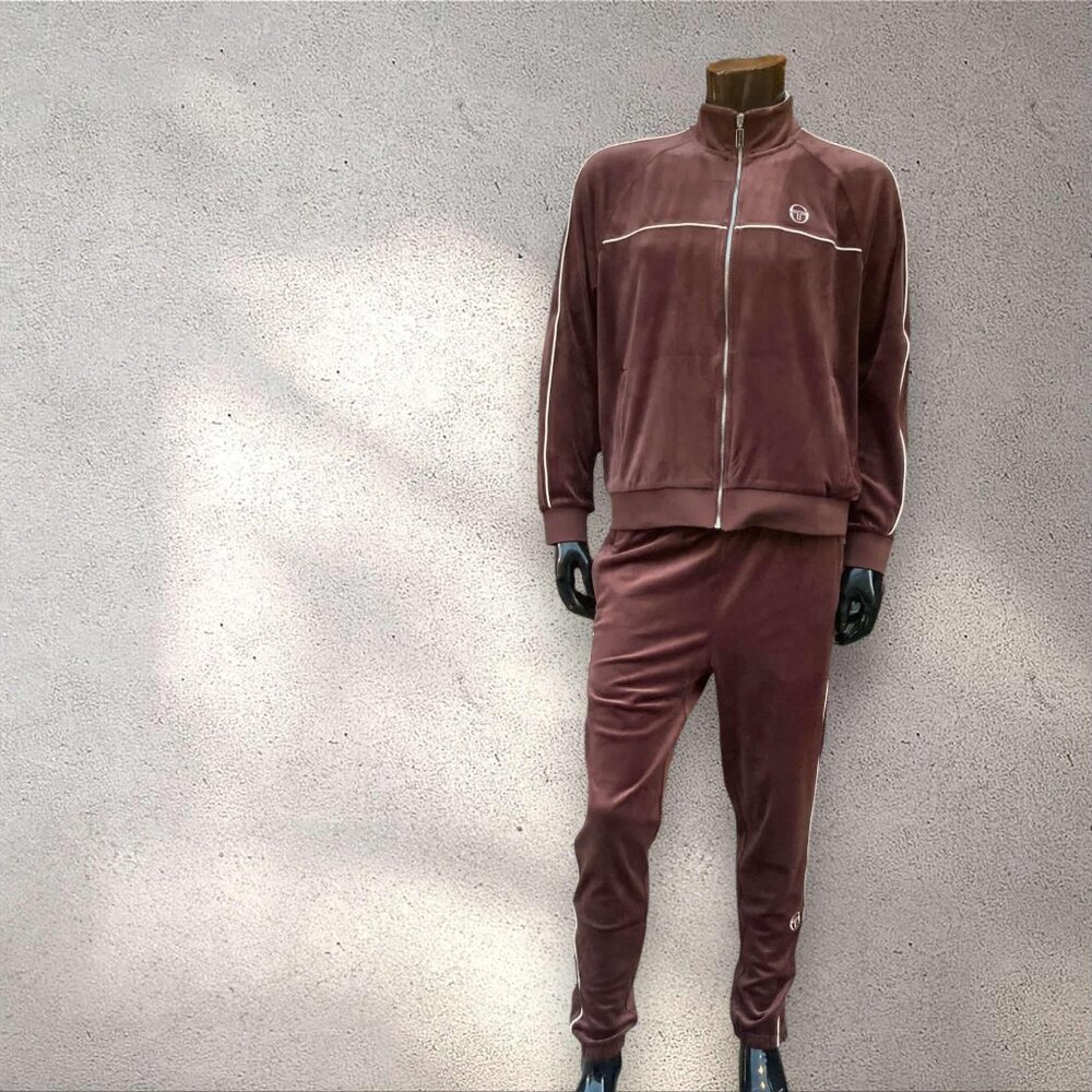 Men’s Sergio Tacchini Brown | White Pipping Velour Full Zip Tracksuit NWT - Picture 4 of 5